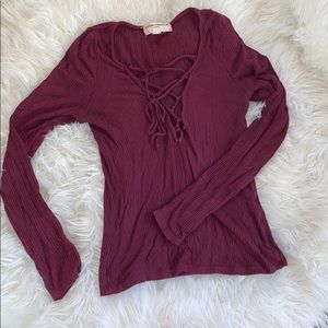 UO Project Social LA Burgundy Lace Up Top